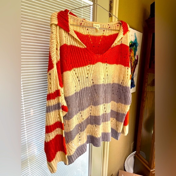 POL V-Neck Sweater Red and Cream Striped Knit - Picture 2 of 5
